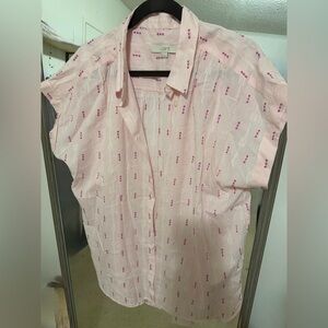LOFT Light Pink Short Sleeve Button-Up Shirt with Magenta Motif